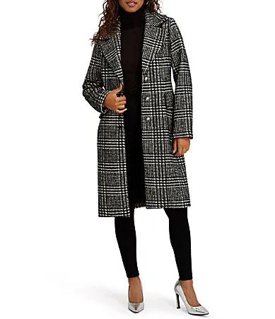 Texture Faux Wool Plaid Notch Lapel Collar Belted Button Front Walker Coat by Kensie