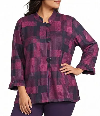 Herringbone Knit Printed Stand Collar 34 Sleeve Button Front Jacket by Multiples