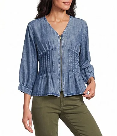 Denim V-Neck Long Button Cuffed Sleeve Pleated Smocked Waist Zip Front Top by John Mark
