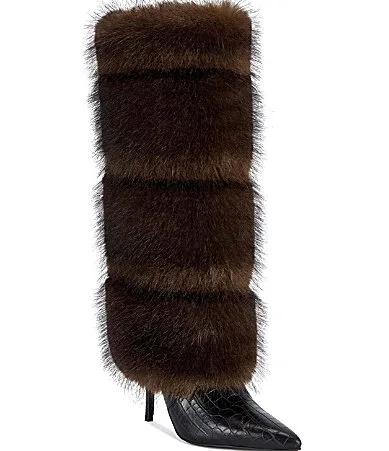 Zenthra Croco Embossed Faux Fur Pointed Toe Tall Boots