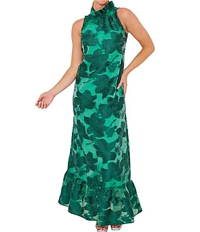 Camille Floral Print Ruffle Mock Neck Sleeveless Gown