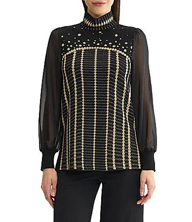 Lurex Mixed-Media High Mock Neck Long Chiffon Sleeve Metallic Striped Dotted Tunic by Ming Wang