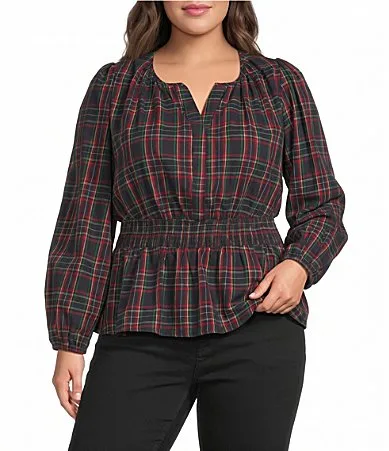 Mirana Plaid Printed Split V-Neck Long Sleeve Smocked Waist Top by Sugarlips