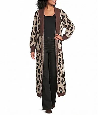 Leopard Printed Collared Long Sleeve Open Front Duster Cardigan by Sugarlips