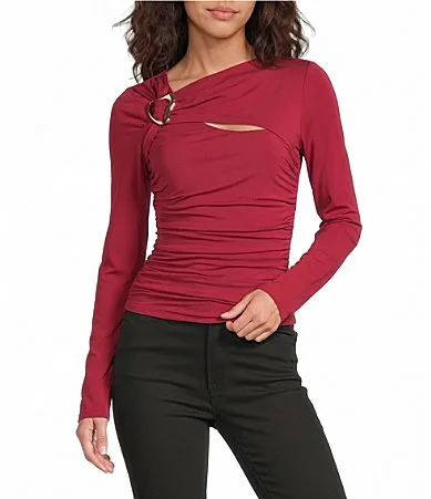 Ania Asymmetric Buckle Neck Long Sleeve Ruched Top by Sugarlips