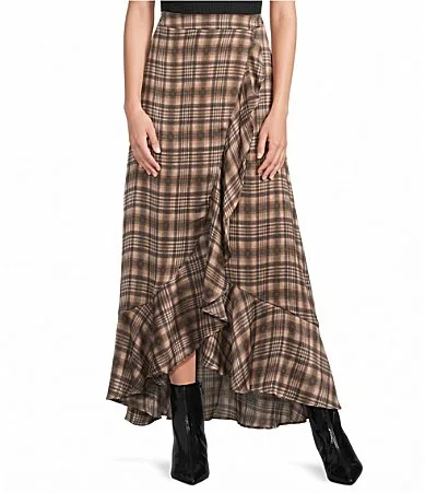 Isela Plaid Printed High Rise Ruffle Faux-Wrap Maxi Skirt by Sugarlips