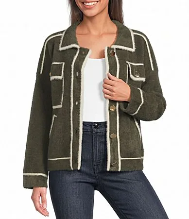 Menley Contrast Trim Flap Collar Long Sleeve Eyelash Jacket by Sugarlips