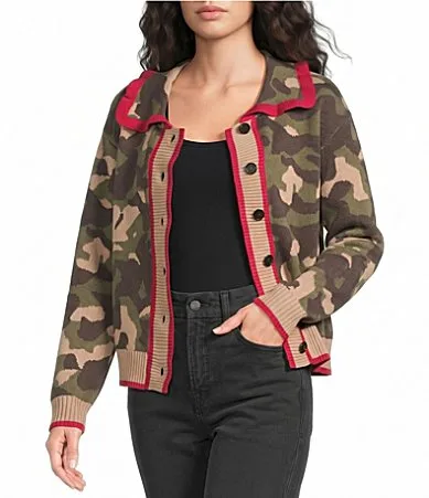 Camo Printed Ruffled Collar Long Sleeve Button Front Cardigan by Sugarlips