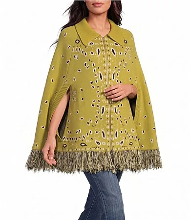 Lennie Bandana Printed Collared Open-Sleeve Fringe Hem Poncho Sweater by Sugarlips