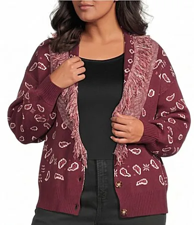 Bandana Printed Fringe Shawl Collared Long Sleeve Cropped Cardigan Sweater by Sugarlips