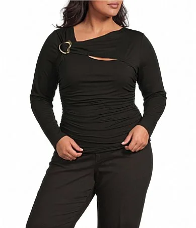 Ania Asymmetric Buckle Neck Long Sleeve Ruched Top by Sugarlips