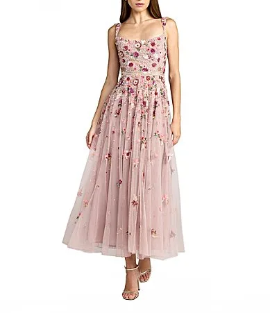 Mac Duggal Sleeveless Hand Beaded Floral Sweetheart Neck Midi Dress by M.A.C.