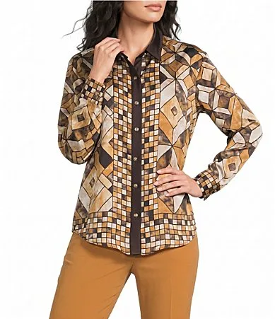 Woven Satin Back Crepe Front Geometric Print Point Collar Long Sleeve Oversized Shirt by Karl Lagerfeld