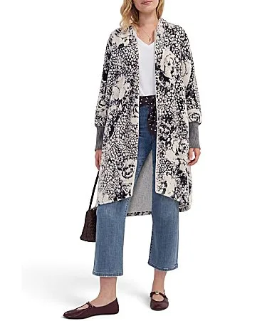 Knit Fuzzy Jacquard Floral Print Shawl Collar Long Sleeve Sweater Cardigan by Liverpool Los Angeles