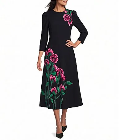 Scuba Crepe Floral Bouquet 34 Sleeve Fit and Flare Midi Dress by Investments