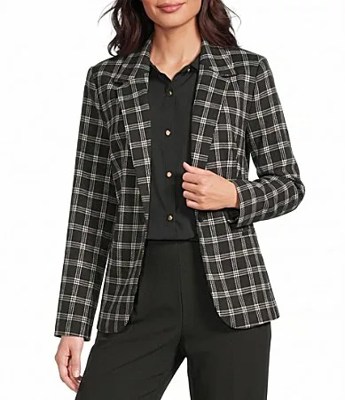 Black Plaid Long Sleeve Button Front Blazer by Investments