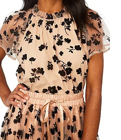 Quinn Illusion Sleeve Floral Velvet Coordinating Tulle Top by Abbey Glass