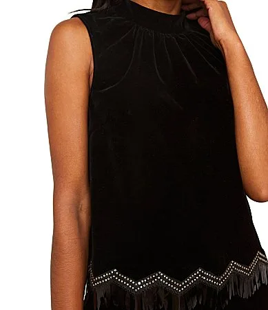 Brynn Mock Neck Velvet Fringe Hem Top by Abbey Glass