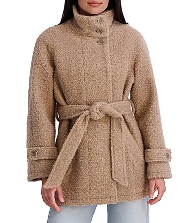 Faux Fur Cozy Stand Collar Wide Sleeve Belted Button Front Walker Coat by Kensie