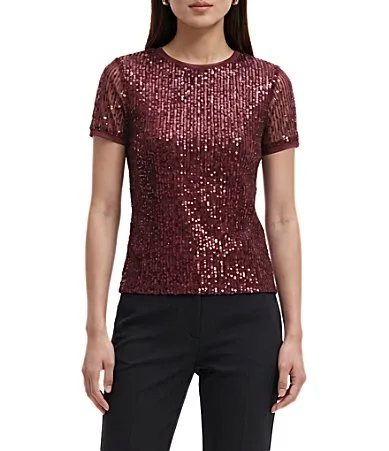 Jewel Neck Short Sleeve Sequin Top by Anne Klein