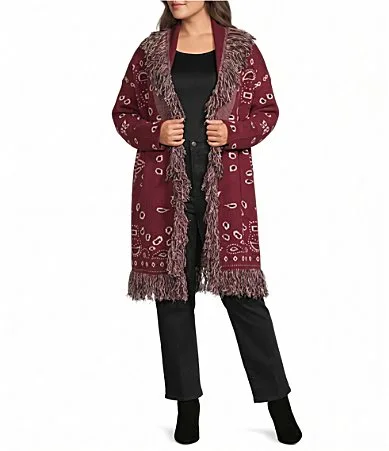 Bandana Fringe Shawl Collar Long Sleeve Belted Cardigan by Sugarlips