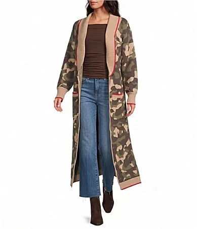 Camo Printed Collared Long Sleeve Open Front Duster Cardigan by Sugarlips
