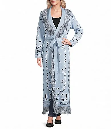 Deberly Bandana Printed Fringe Shawl Collar Long Sleeve Maxi Wrap Cardigan by Sugarlips