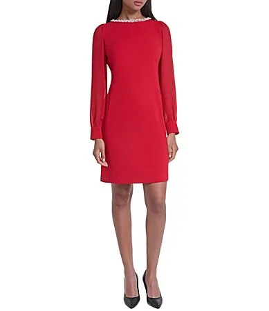 Pearl Neck Long Sleeve Scuba Crepe Dress by Karl Lagerfeld