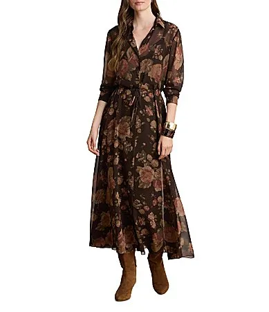 Chiffon Floral Print Spread Collar Long Sleeve Maxi A-Line Dress by Ralph Lauren