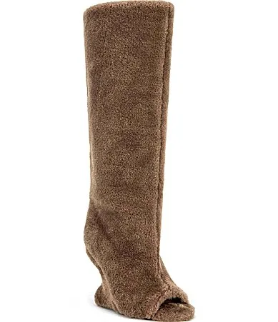 Vincent Faux Fur Open Toe Inverted Wedge Tall Boots by Azalea Wang
