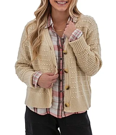 Snug Hollow Texture Knit V-Neck Button Front Cardigan by Aventura