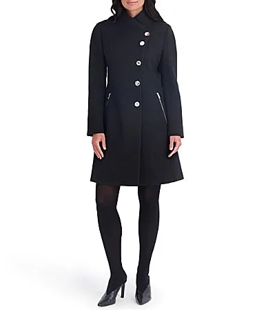 Faux Wool Structured Stand Collar Neck Asymmetrical Button Front Walker by Kensie