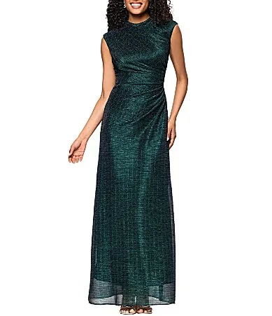 Crinkle Mock Neck Cap Sleeve Floor Length Dress by Betsy & Adam