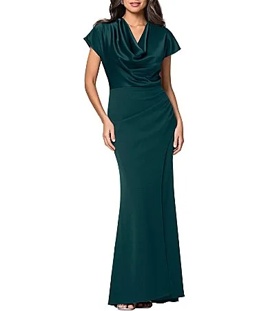 Short Sleeve Satin Charmeuse Long Dress by Betsy & Adam