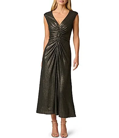 V-Neck Metallic Midi Dress by Adrianna Papell