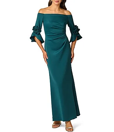 Off the Shoulder 3/4 Rosette Tulip Sleeve Ruched Scuba Crepe Sheath Long Gown by Adrianna Papell