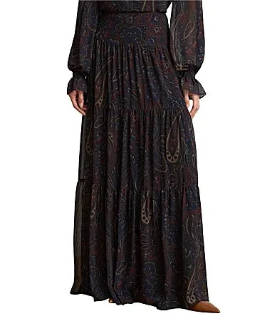 Woven Georgette Paisley Print Tiered A-Line Coordinating Skirt by Ralph Lauren