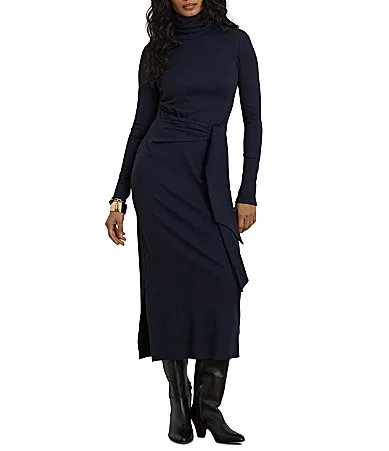 Cotton-Blend Turtle Neck Long Sleeve Wrap Midi Dress by Ralph Lauren