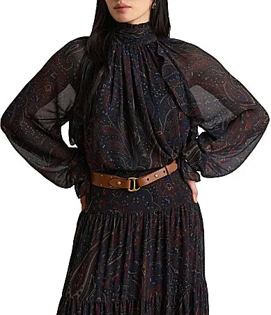 Woven Crinkle Georgette Paisley Print Mock Neck Long Sleeve Coordinating Top by Ralph Lauren