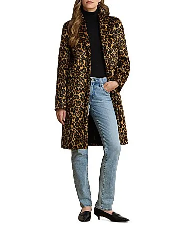 Faux Haircalf Leopard Print Notch Lapel Collar Long Sleeve Coat by Ralph Lauren