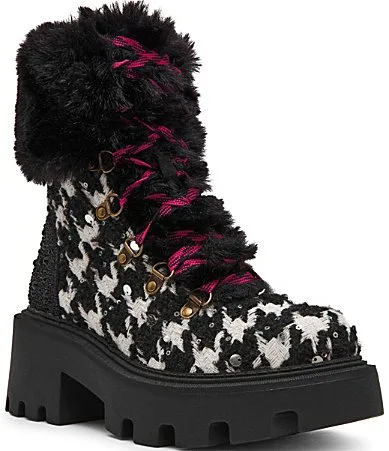 Matillda Houndstooth Faux Fur Cuff Combat Boots by Betsey Johnson