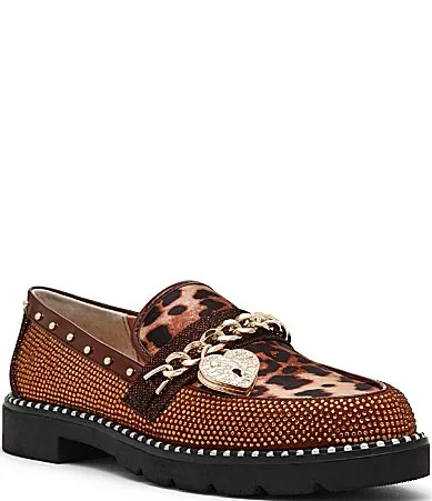 Alfie Leopard Gold Chain Locket Embellished Loafers by Betsey Johnson