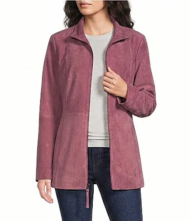 Genuine Leather Suede Coat with Removable Shearling Hood by Katherine Kelly