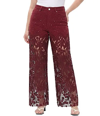 Stretch Denim High Rise Lace Embellished Wide Leg Ankle Jeans by Bayeas