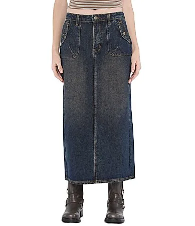 Originals Mid Rise Long Split Back Denim Midi Skirt