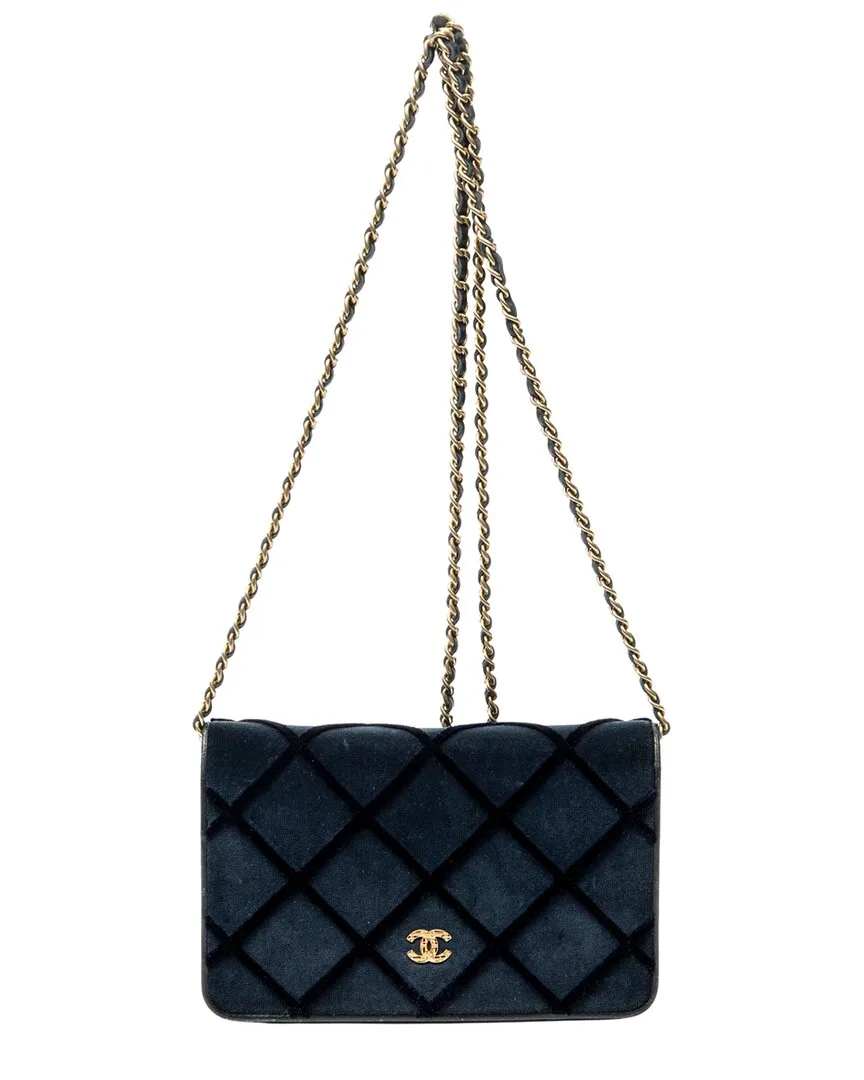 Navy Quilted Velvet Canvas CC Wallet on Chain (authentic Pre-Loved) by CHANEL