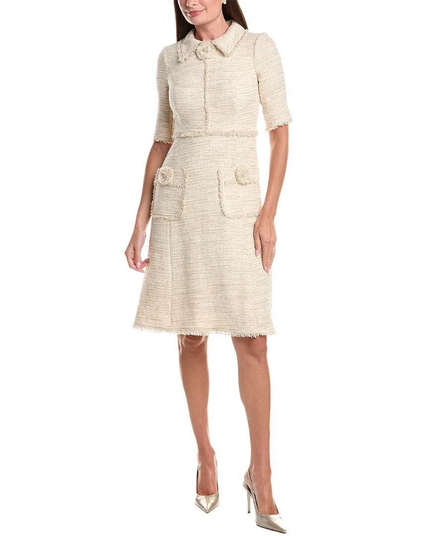 Teri Jon by Rickie Freeman Metallic Tweed Shirt Collar Frayed Trim Dress by Teri Jon