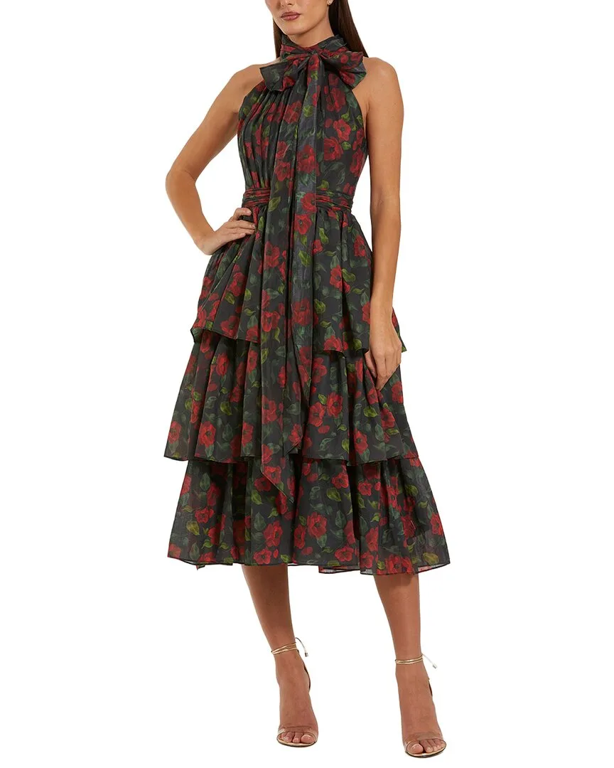 Mac Duggal Printed Chiffon Tie Neck Tiered Ruffle Ankle Dress by M.A.C.