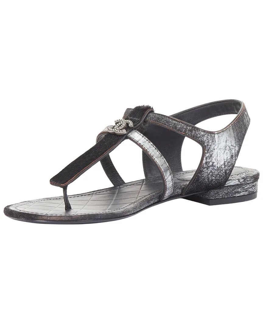 Leather Metallic-Trim T-Strap Sandal (authentic Pre-Loved) by CHANEL