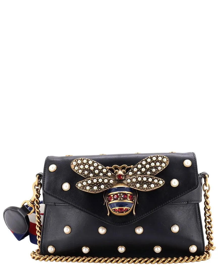 Embellished Leather Broadway Pearly Bee Shoulder Bag Mini (authentic Pre-Loved)
